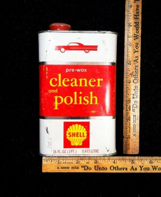 Vintage 1961 - 70 Shell Oil Old Tin Metal Cleaner Polish Can W/ Car Graphic Sign 8