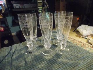 Vintage Kalle Flute Champagne Set Of 6 Etched Birds Crystal Stemware Glasses Vg