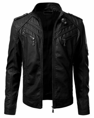 Mens Real Leather Jacket Vintage Black Brown Slim Fit Biker