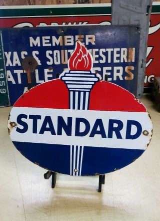 Standard Oil Company Porcelain Sign Vintage Petroleum Flame Gas Pump Plate