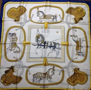 Estate Vtg Authentic Hermes Silk Scarf Grand Apparat Horse Carriage Blue Gold