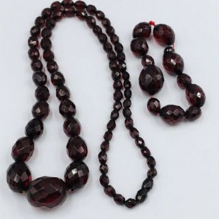 Vintage Faceted Cherry Color Amber Graduated Bead Necklace & Bracelet 92 Grams