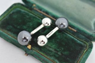 Vintage Mens Tiffany And Co.  Sterling Silver Hematite Barbell Cufflinks G774