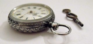 Antique Solid Silver Fancy Dial Fob Pocket Watch J B Yabsley London &Key 3
