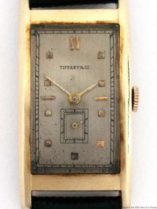 Tiffany Co 14k Gold Vintage Art Deco Ultra Long 43.  7mm Curved Mens Watch