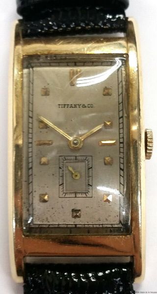 Tiffany Co 14K Gold Vintage Art Deco Ultra Long 43.  7mm Curved Mens Watch 2