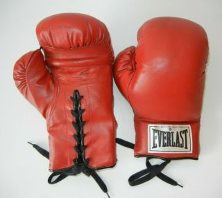 Vtg Everlast Red White Tag 14oz Leather Lace - Up Boxing Gloves Boxer Gym Training
