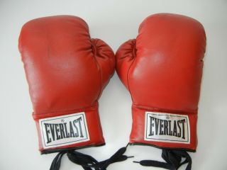 Vtg EVERLAST Red White Tag 14oz Leather LACE - UP BOXING GLOVES Boxer Gym Training 7