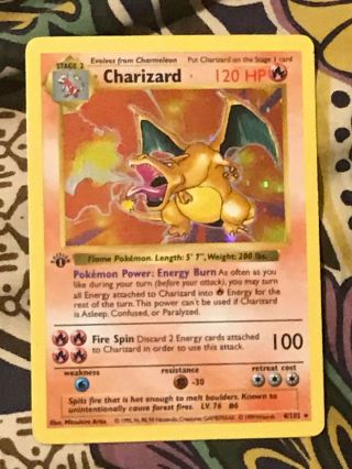 Charizard 4/102 Holo Rare,  1st Edition Shadowless Base Set,  Pokemon Card,  Exc 1