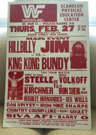 Vintage 1980’s Wwf Wrestling Dream Card Event Poster: Hillbilly Jim,  Bundy
