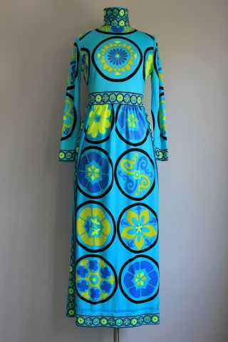 Vintage 1960s Dress Blue Psychedelic Print Maxi Dress High Nevk Mr Dino Pucci