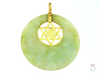 Large Green Jade Pendant With Star Of David & Chinese Character Design In 14k Yg