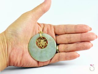Large Green Jade Pendant with Star of David & Chinese Character Design in 14K YG 2