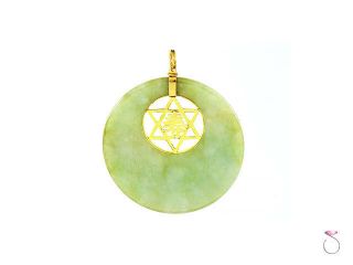 Large Green Jade Pendant with Star of David & Chinese Character Design in 14K YG 3