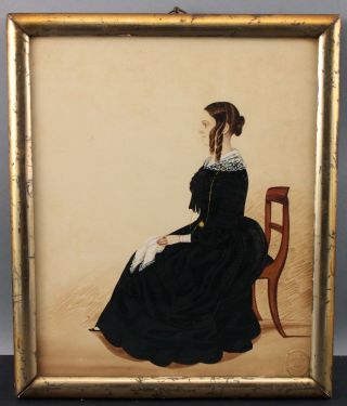 Small 19thc Antique American Folk Art Watercolor Painting Woman Portrait,  Nr
