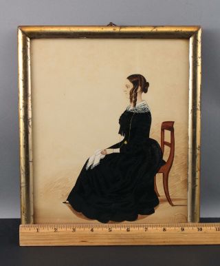 Small 19thC Antique American Folk Art Watercolor Painting Woman Portrait,  NR 2