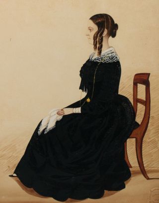 Small 19thC Antique American Folk Art Watercolor Painting Woman Portrait,  NR 3