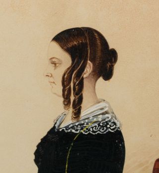 Small 19thC Antique American Folk Art Watercolor Painting Woman Portrait,  NR 4