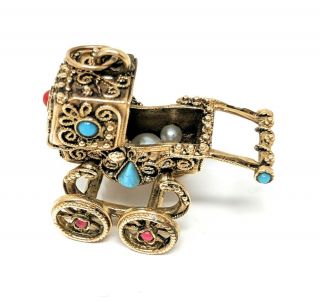 Vintage 14k Gold Baby Carriage / Stroller Charm With Stones.