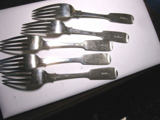 Set Of 5 Antique Russian Imperial 84 Silver Heavy Dinner Fork,  19 C.