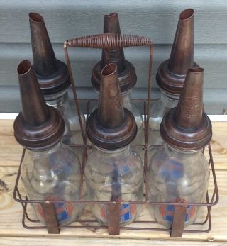 Vintage Oil Glass Bottle Set Of 6 W/ Carrier Gas Service Station Oil Can