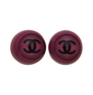 Authentic Vintage Chanel Earrings Cc Logo Purple Plastic Round Ea1584