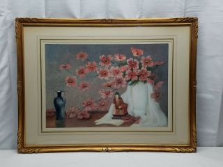 Vintage Antique Watercolor Painting Gold Gilt Wood Frame Cherry Blossom Flowers