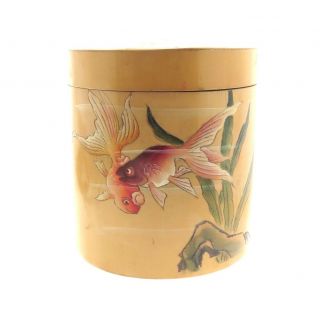 Vintage Chinese Bamboo Tea Caddy Cannister Hand Painted Gold Fish