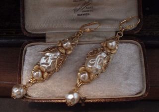 Vintage Jewellery Gold Flower,  Leaf & Baroque Pearl Long Drop Earrings.  Haskell