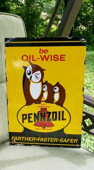 Pennzoil Oil Wise Porcelain Sign Store Can Display Rack Plate Vintage Brand