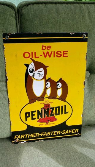 PENNZOIL OIL WISE porcelain sign store can display rack plate vintage brand 8