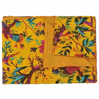 Indian Yellow Bird Print Vintage Kantha Quilt Cotton Body Wramer Queen Comfortor