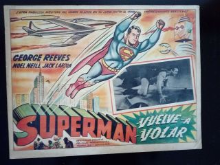Vintage 1954 Superman Flies Again Lobby Card Made In Mexico Vhtf