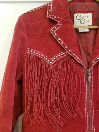 Vtg Cripple Creek Red Fringed Studded Western Suede Leather Rodeo Jacket L Large