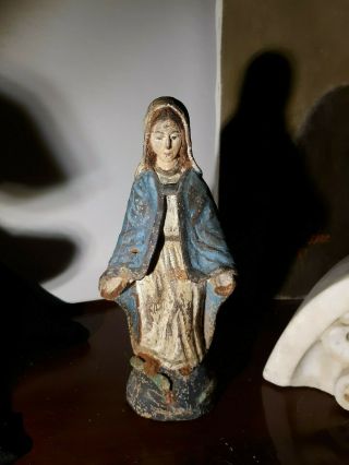 Puerto Rico Vintage Antique Wood Carved Saint Santo,  Virgen De La Milagrosa