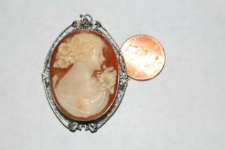 Vintage 10k White Gold Carved Shell Cameo Pendant / Brooch