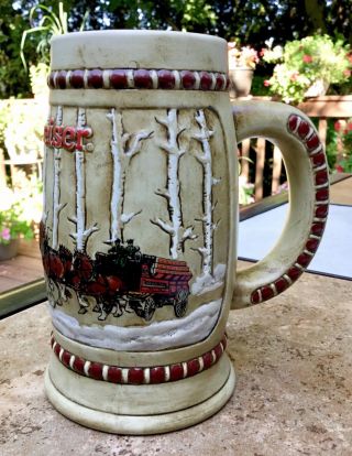 Budweiser Clydesdale Vintage 1981 Beer Stein Christmas Holiday Mug Snow Woodland 3