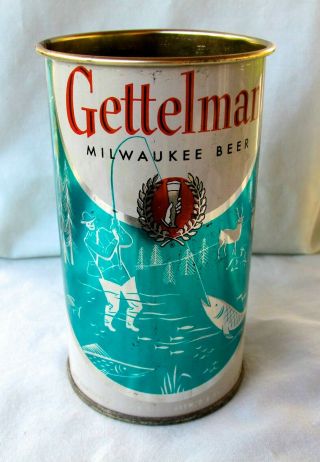 Rare1950 ' s Gettelman Fishing/Hunting Sports Scene Flat Top Beer Can Exc. 2