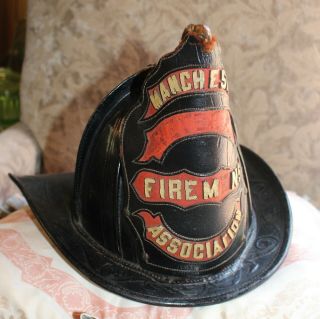 Antique Leather Firefighter Helmet Fireman Manchester Nh Cairns & Brother Ny