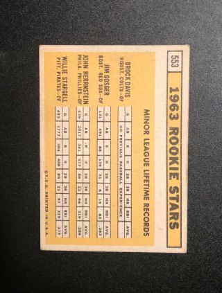 Vintage 1963 Topps Baseball Card 553 Willie Stargell Rookie VG 2