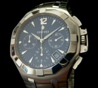 Concord Saratoga Stainless Auto Men ' s Chronograph Watch w/Box RARE BLUE DIAL 2