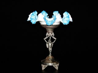 Antique Silver Plate Centerpiece With Blue And White Ruffle Bowl.