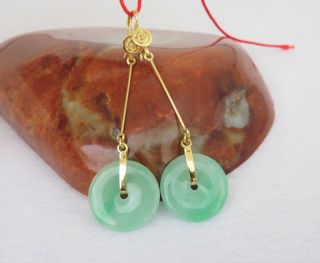 18k Solid Yellow Gold Green,  White Jadeite Jade Circle Donut Dangle Earrings