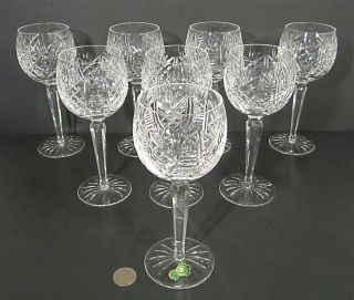 8 Vintage Waterford Crystal Irish Cut Glass Clare 7 3/8 " Hock Wine Stem Goblets