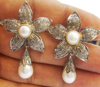 Victorian Style 1.  95ct Rose Cut Diamond & Pearl Earrings