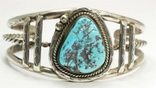 Vintage Navajo Sterling Silver Old Pawn Stamped Blue Turquoise Cuff Bracelet 37g
