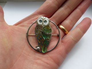1970s Vintage Norman Grant Scottish Silver Enamel Large Owl Brooch Pin