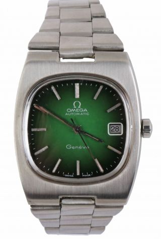 Vintage Omega Rare Green Dial Automatic Geneve Cal 1012 166.  0191 Stainless 36mm