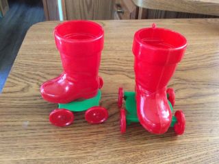 Vtg Rosbro Santa Boot On Wheels Red Hard Plastic Christmas Candy Container Set 2
