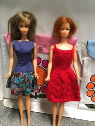 Vintage 1966 Barbie & Stacey Dolls And Case W/vintage Handmade Clothing